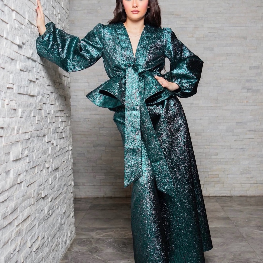 Akira - Emerald Shimmer Tie-Waist Metallic Two piece